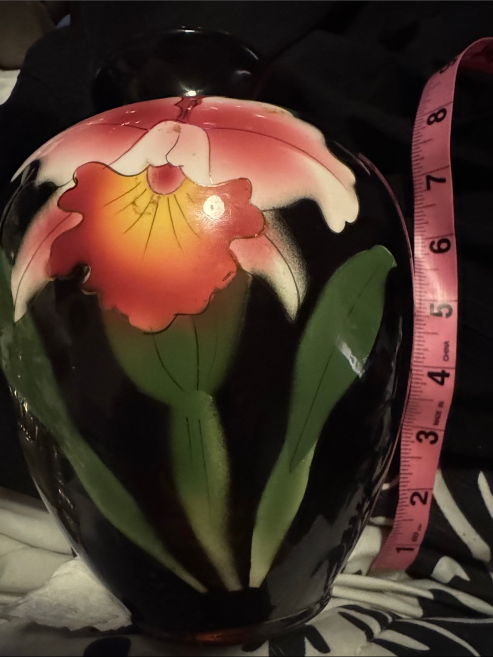 Hand-Painted Black Ceramic Vase with Pink Floral Motif